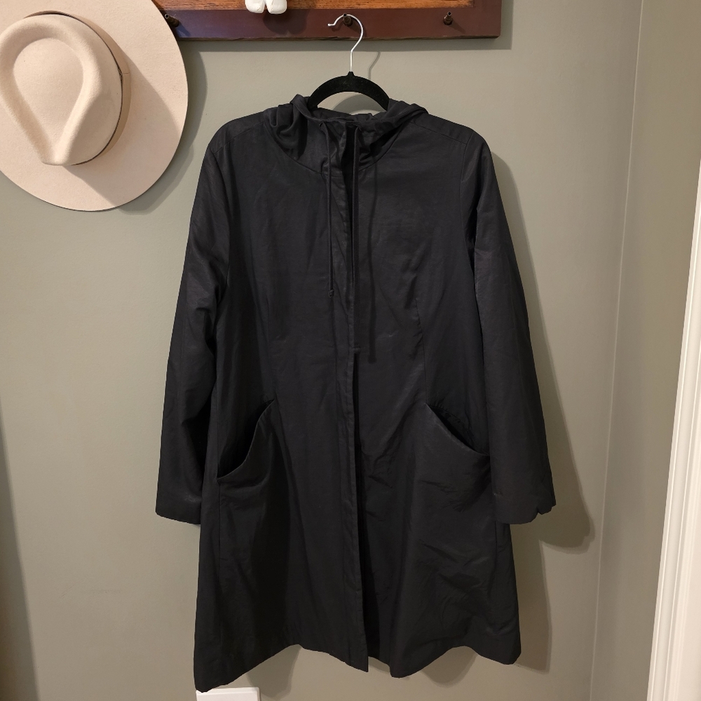 Eileen Fisher Black Hooded Trench Coat Size M - Picture 2 of 11